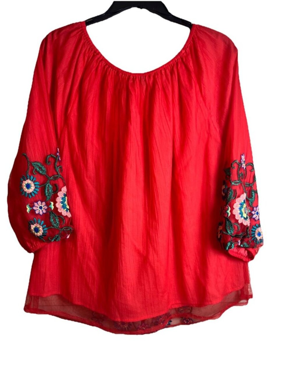KAS NEW YORK Women's Size M Red Embroidered Floral Bohemian Style Top Blouse - Picture 4 of 10